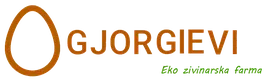 Company logo with an egg motif and the name GJORGIEVI in bold letters, subtitle Eko živinarska farma indicating an eco poultry farm.